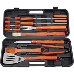 18-Piece Set - Includes: Tongs, Spatula, Knife, Fork, Baster, Cleaning Brush, Skewers x 4 and Wood Utensils